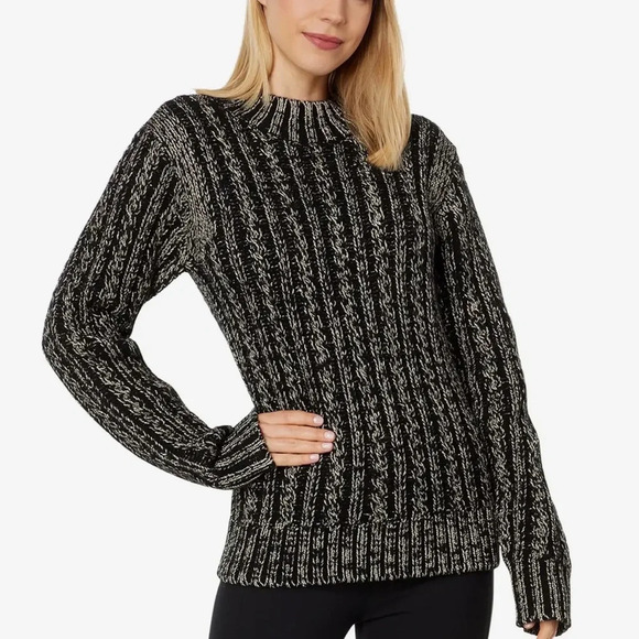 Blanc Noir® Lurex Cable Knit Sweater Size Large Black Silver Crew Neck NEW - Picture 1 of 13